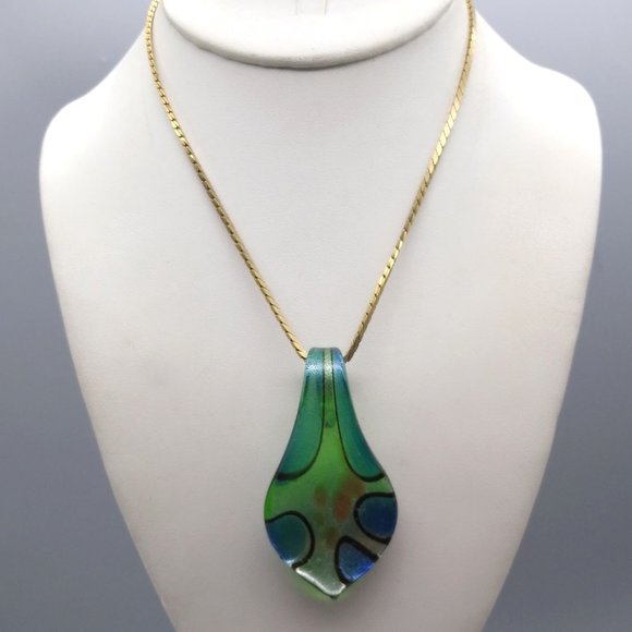 Dichroic Art Glass Teardrop Pendant on Gold Tone Chain Necklace - Picture 1 of 4